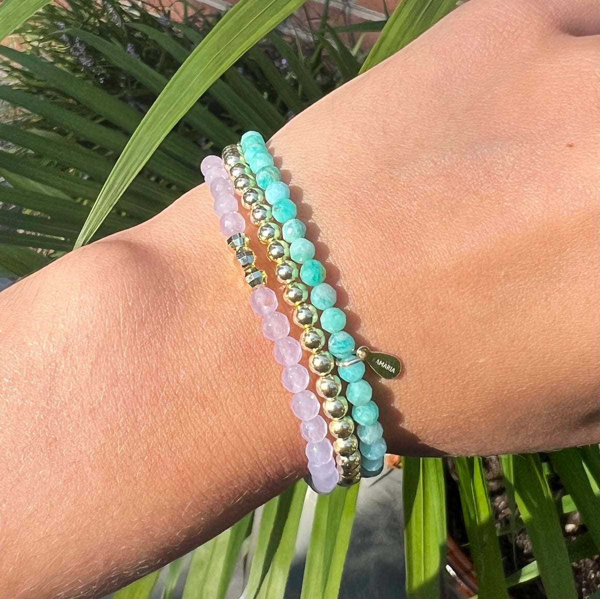 triple 4mm stack with lavender jade, amazonite, and gold plated silver beads