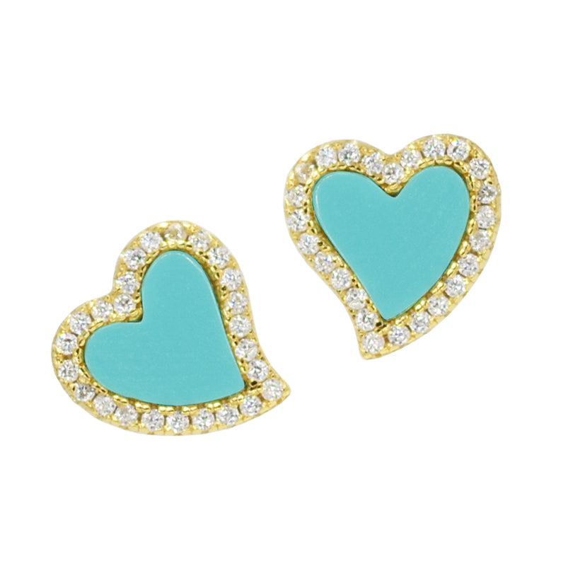 Turquoise amore heart stud earrings in gold with crystals
