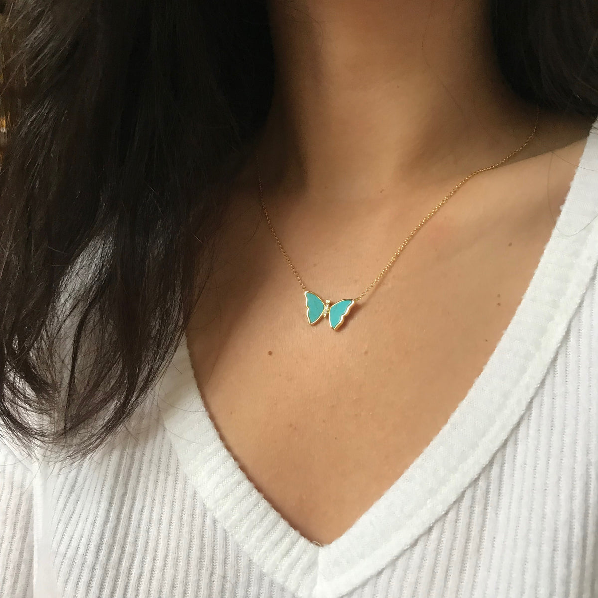 Turquoise Butterfly Necklace With Crystals Lifestyle