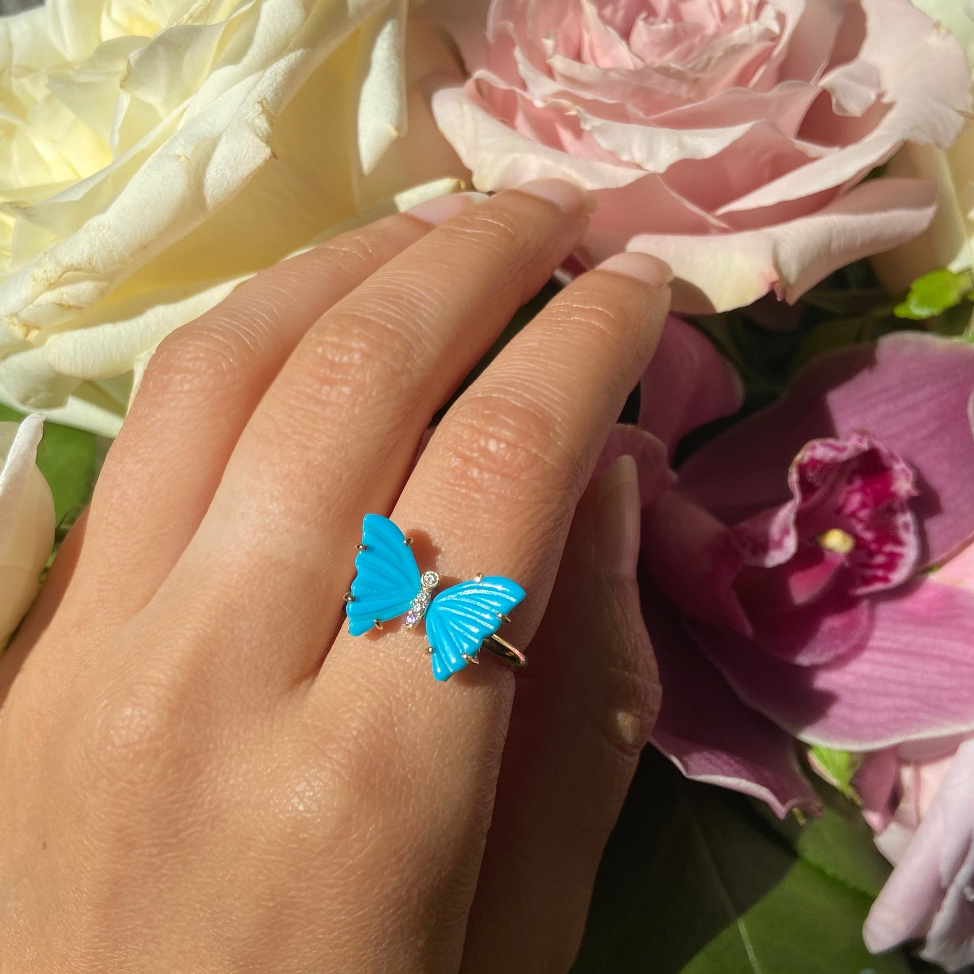 turquoise butterfly ring with diamonds