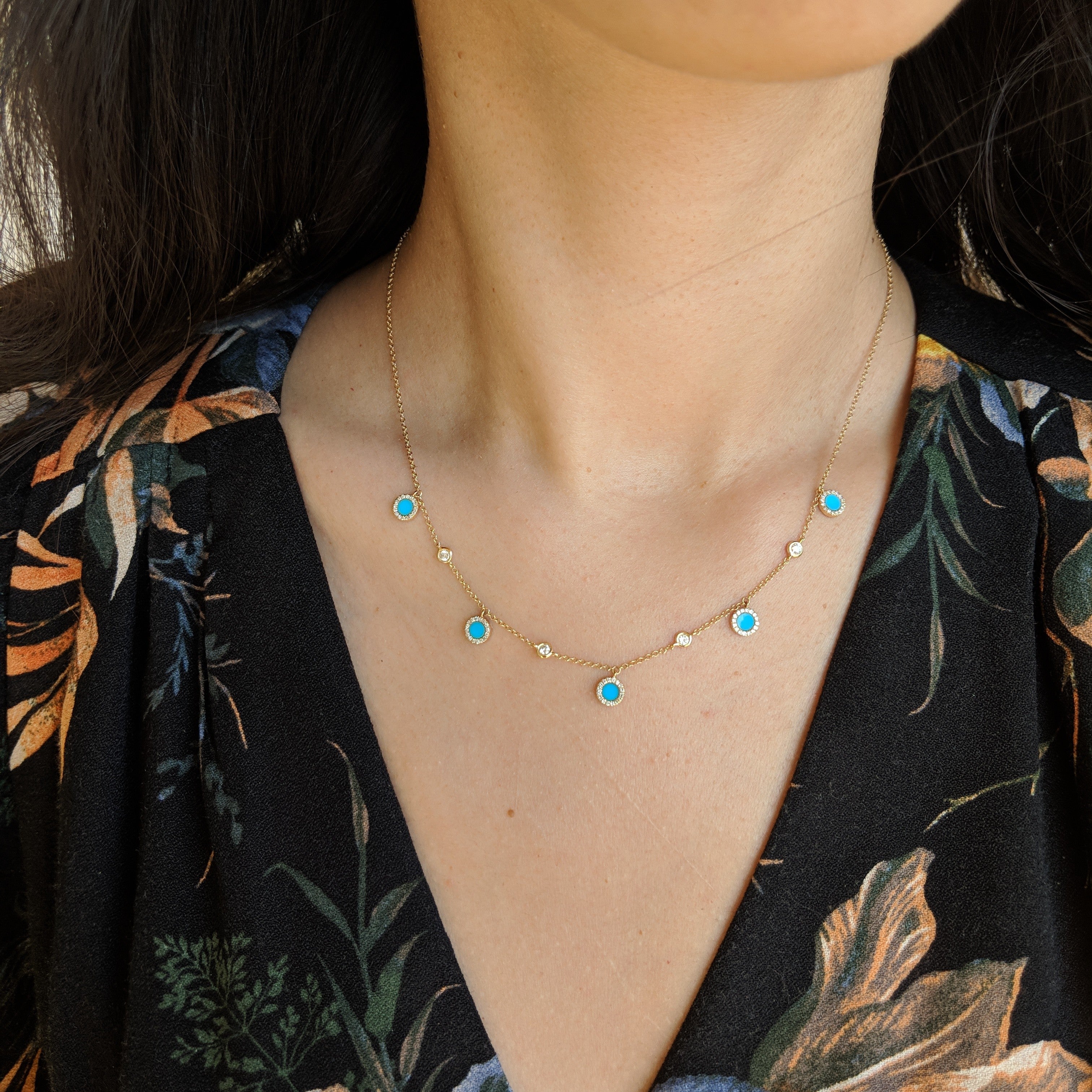 Turquoise Diamond Choker Necklace in 14k Gold - KAMARIA