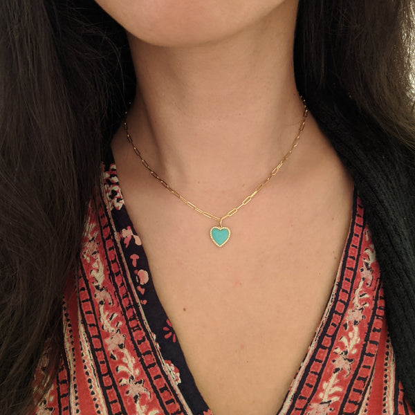 Turquoise Heart Necklace With Diamonds on Paperclip Link Chain - KAMARIA