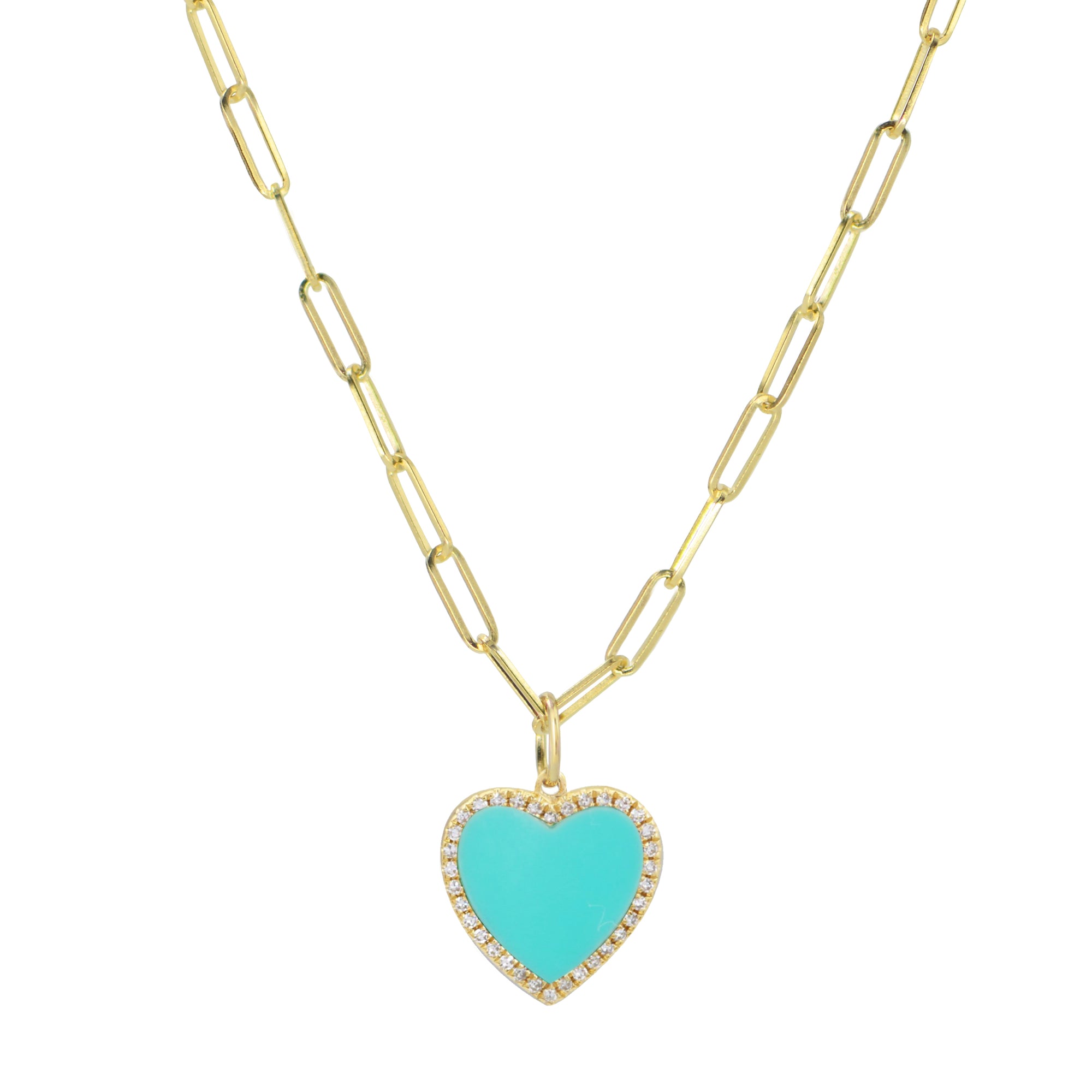 Turquoise Heart Necklace With Diamonds on Paperclip Link Chain 14k Gold