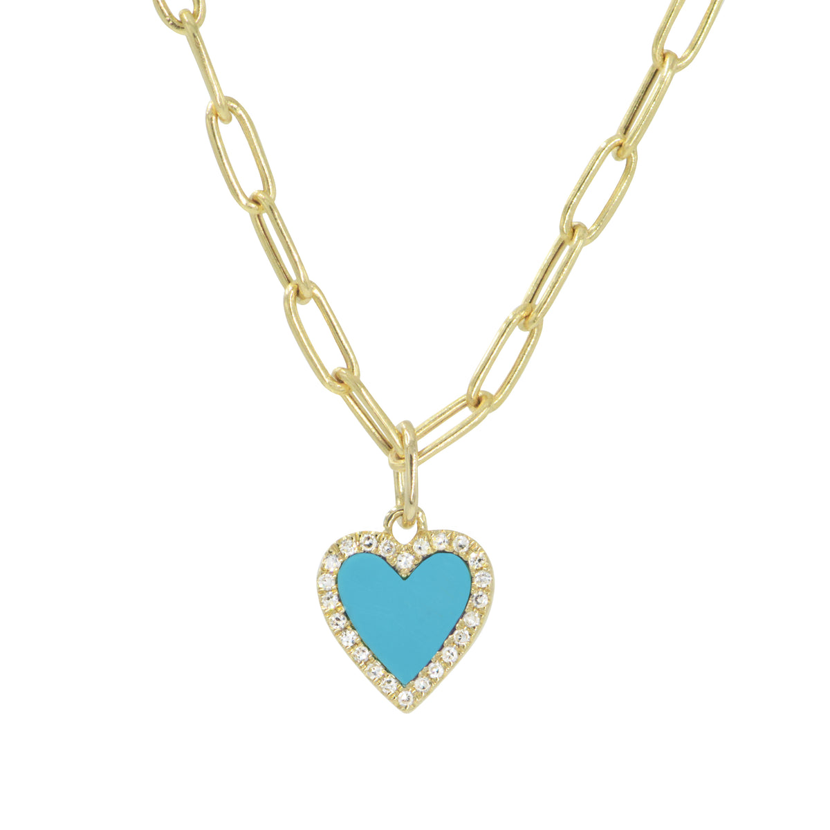 turquoise heart necklace with diamonds mini on paperclip chain
