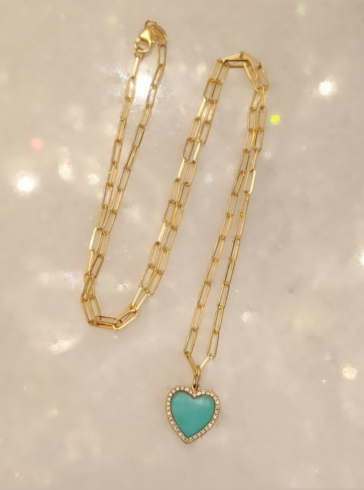 Turquoise Heart Necklace With Diamonds on Paperclip Link Chain 14k