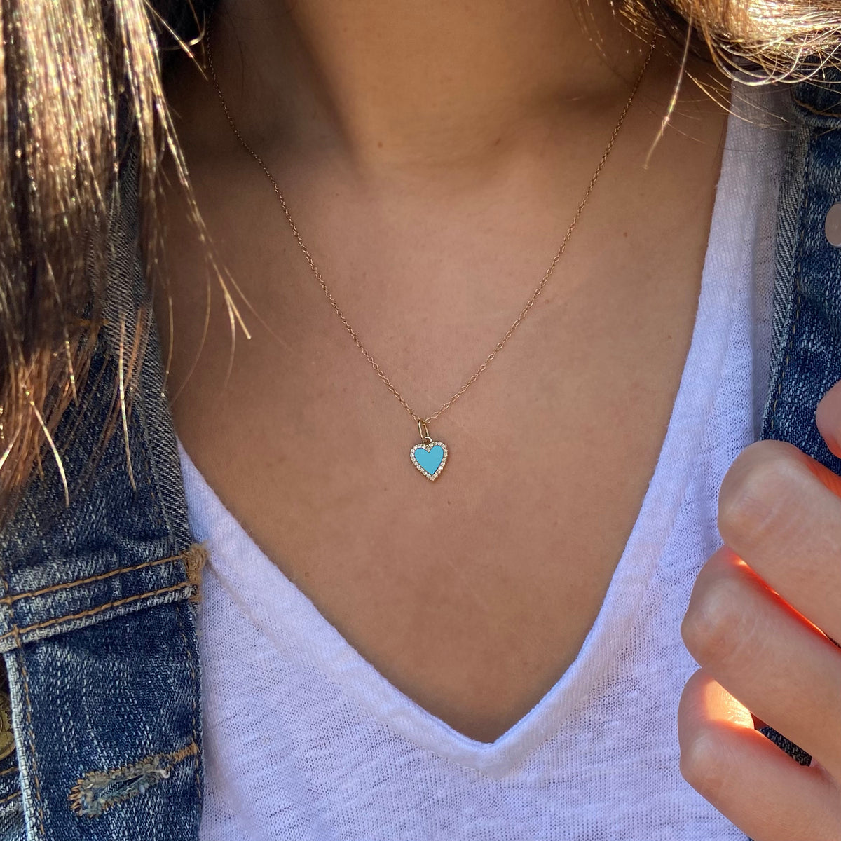 turquoise mini heart necklace with diamonds on simple chain lifestyle