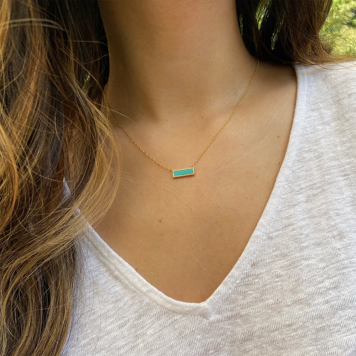 Turquoise Reflection Rectangle Bar Necklace With Crystals Lifestyle