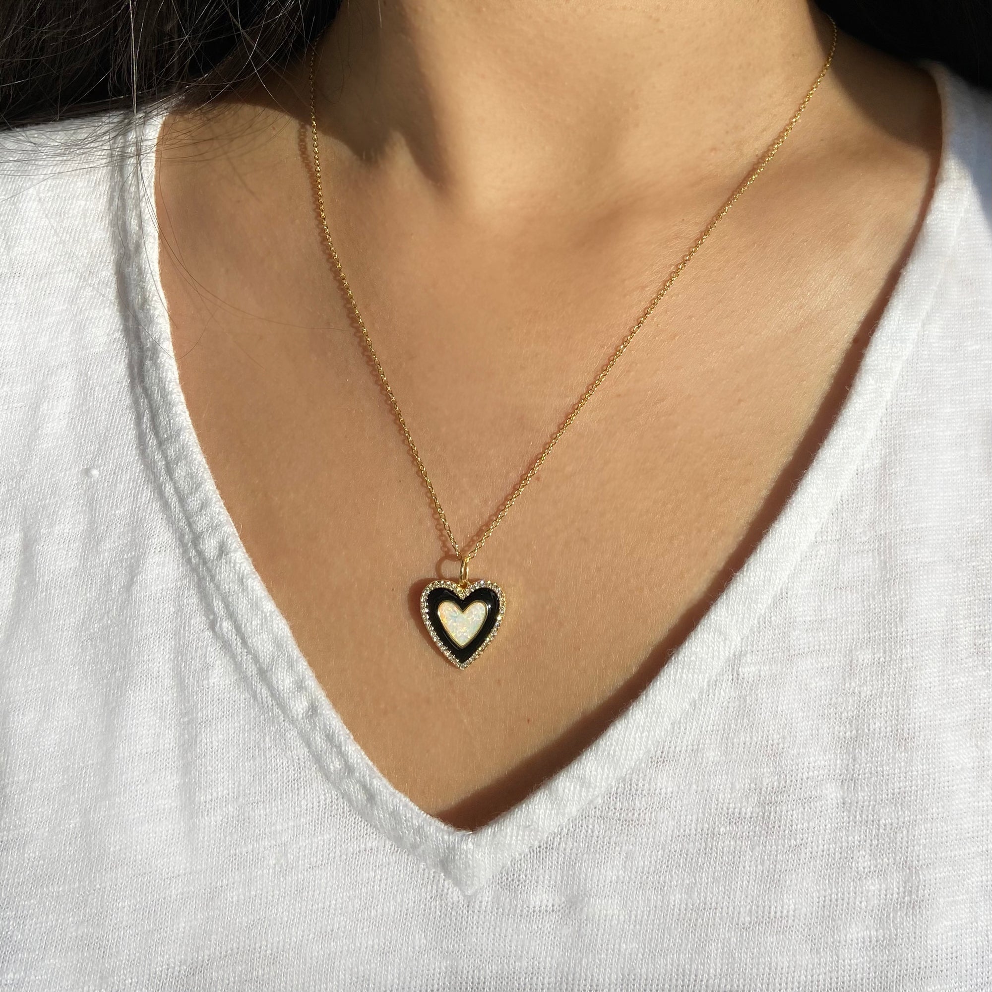 two tone heart necklace black enamel and opal