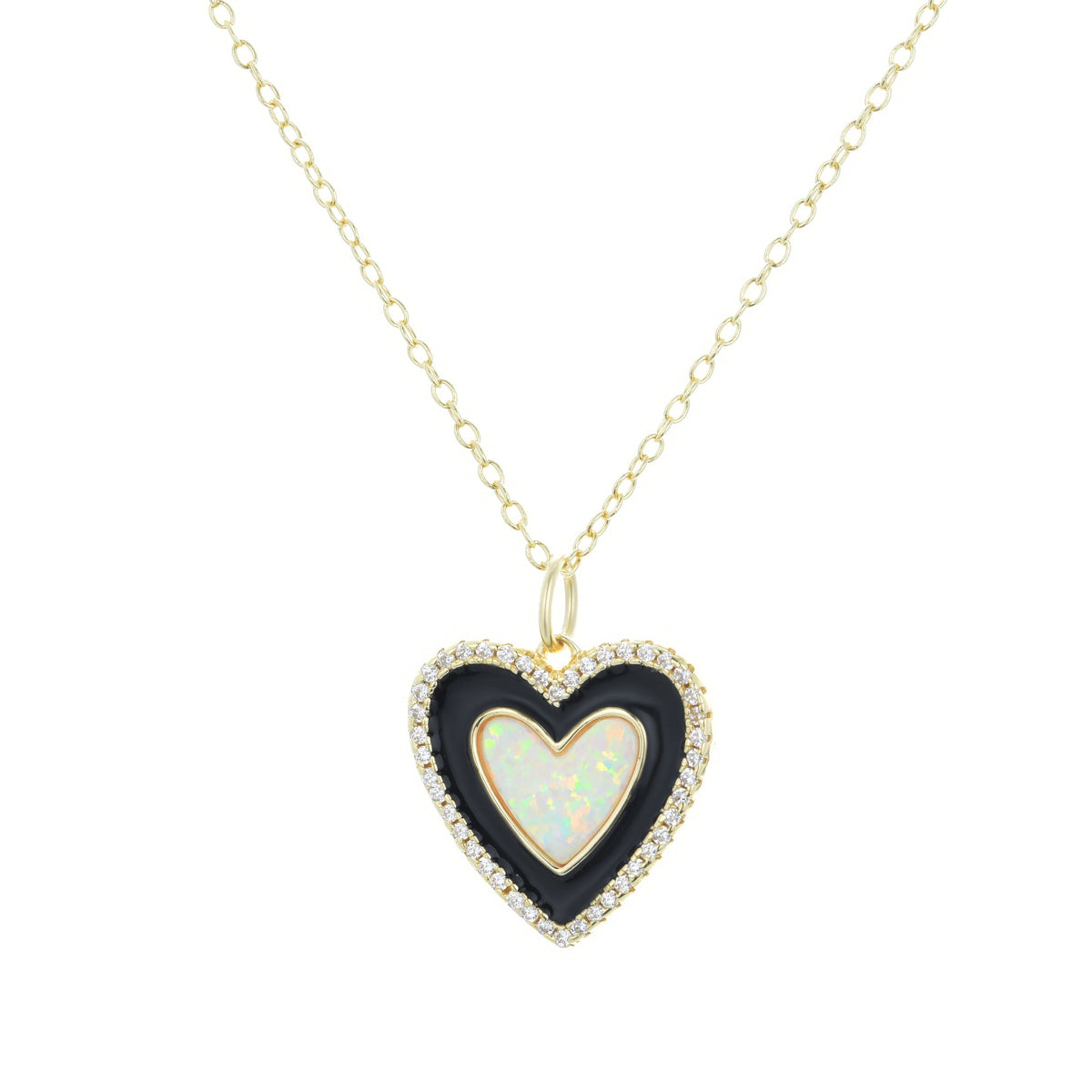 two tone heart necklace black enamel and opal
