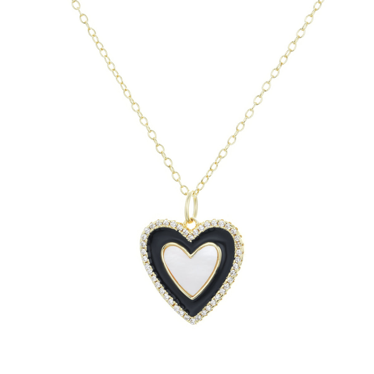 Two Tone Heart Necklace - Black Enamel and Pearl