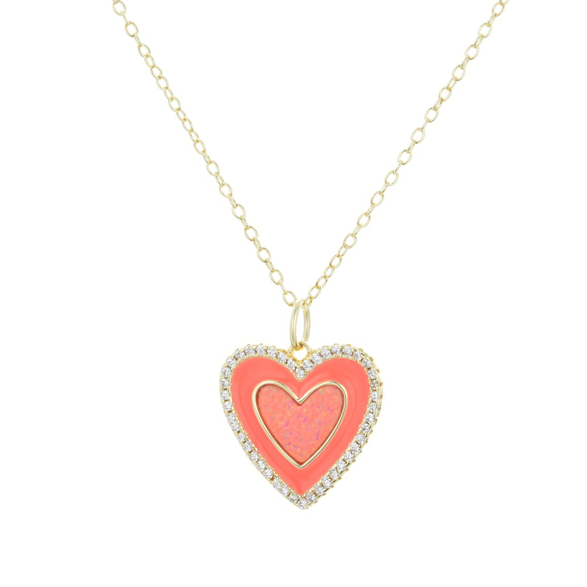 Two Tone Heart Necklace - Coral Enamel and Opal