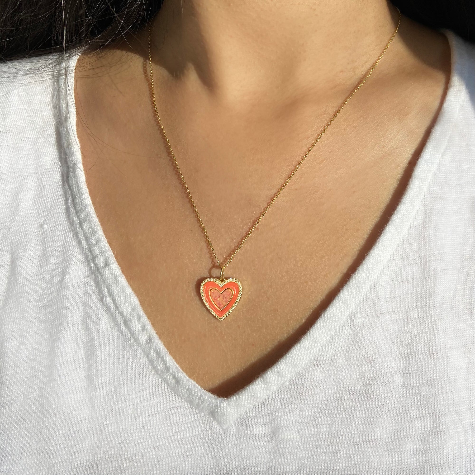 Two Tone Heart Necklace - Coral Enamel and Opal