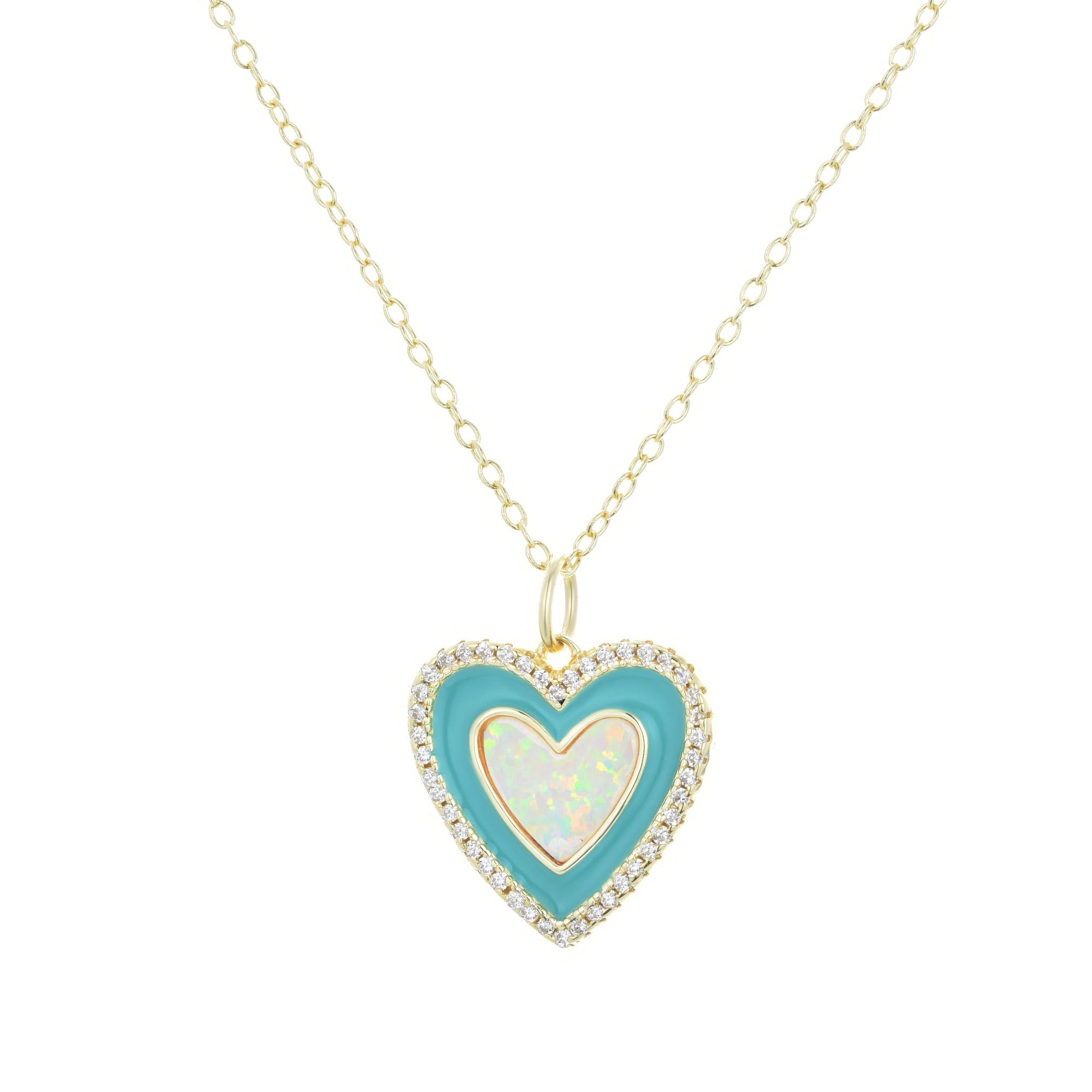 Two Tone Heart Necklace - Turquoise Enamel and Opal