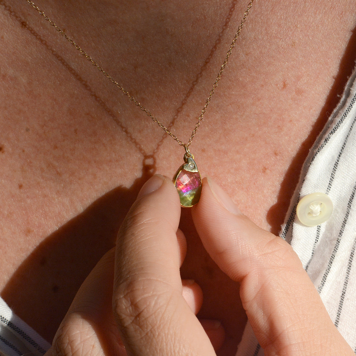 Watermelon Tourmaline Necklace With Diamond Heart Charm Lifestyle