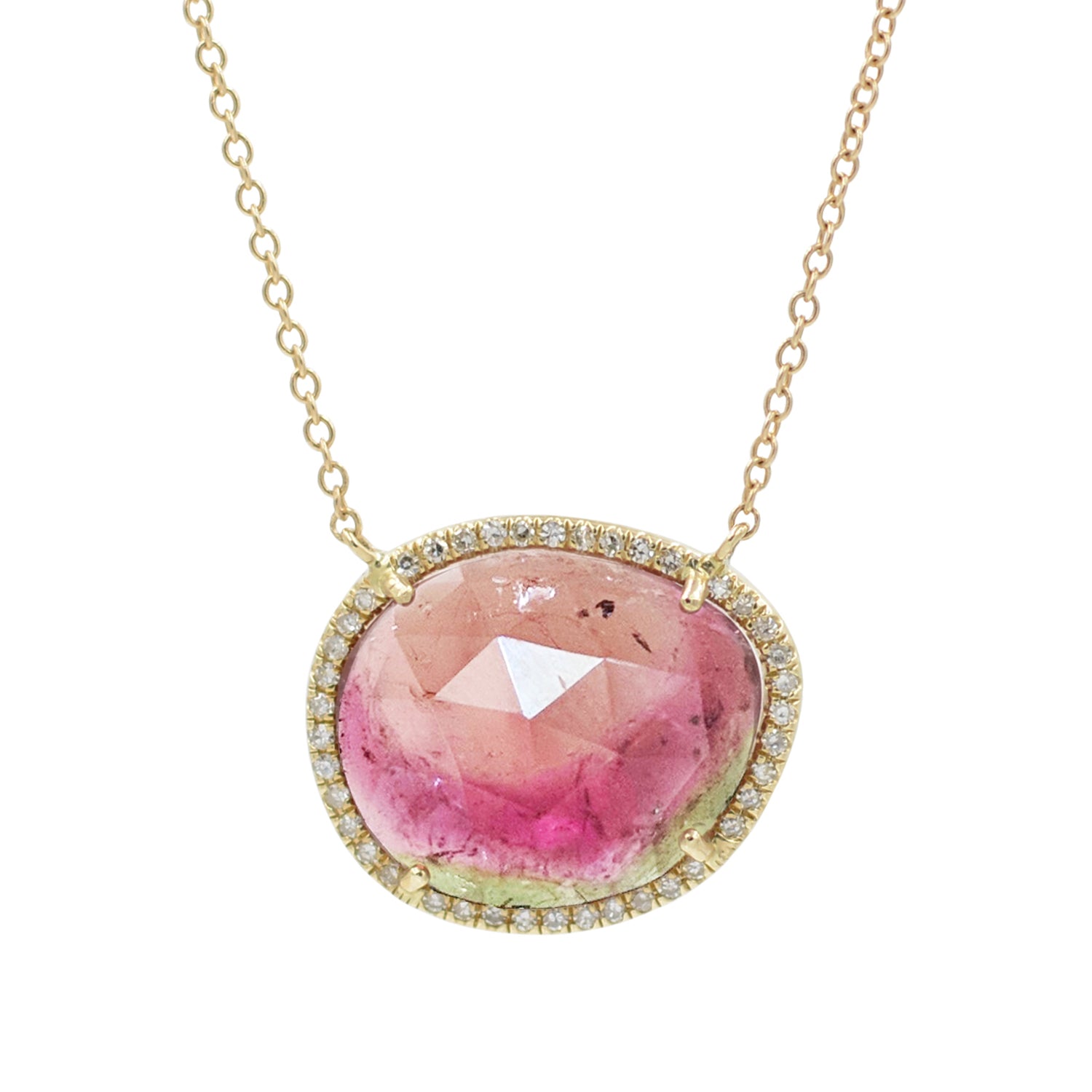 Watermelon Tourmaline Necklace With Diamonds in 14k Gold